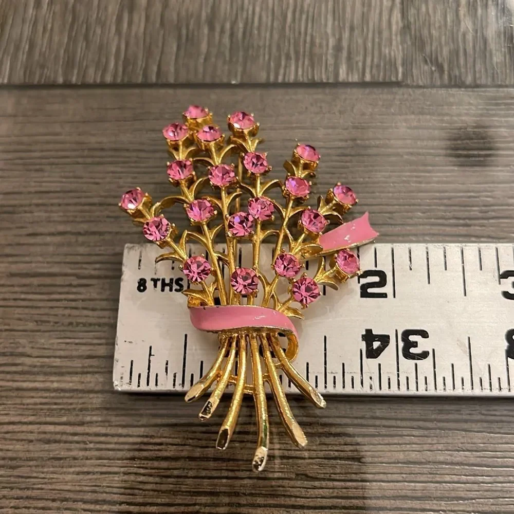 Vintage Pin Rhinestone Brooch Floral Bouquet with Pink Enamel Accents